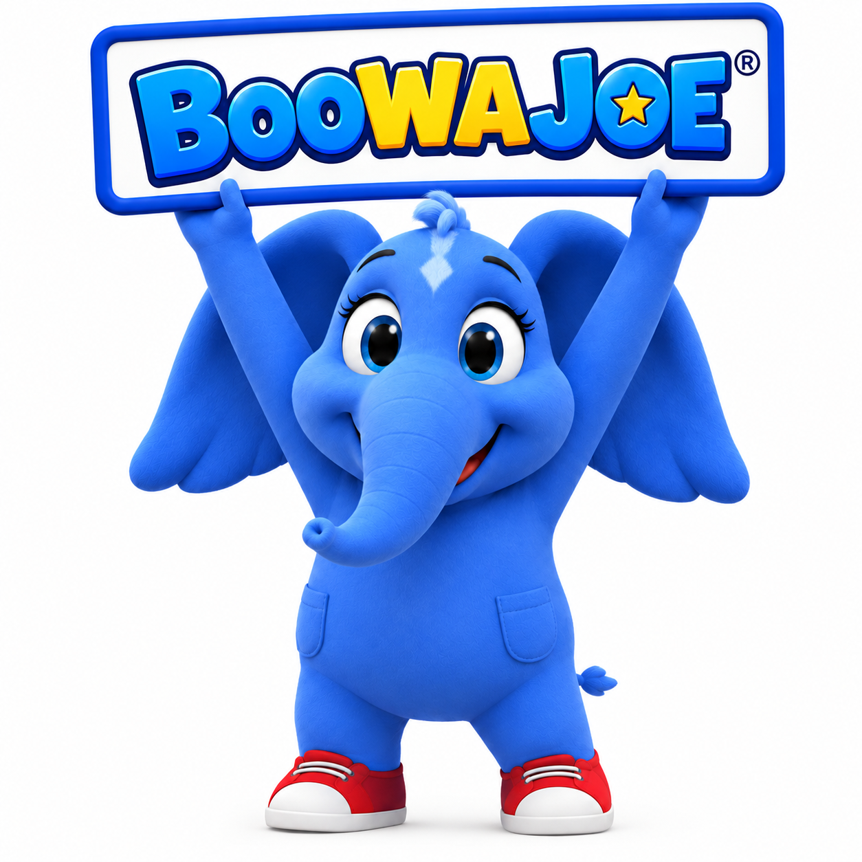 BOOWAJOE® blue elephant mascot holding sign