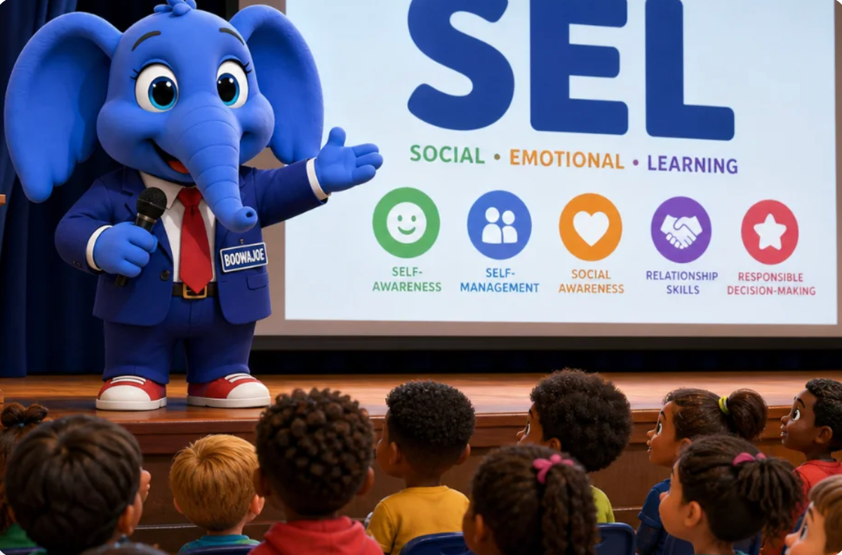 BOOWAJOE® blue elephant mascot character