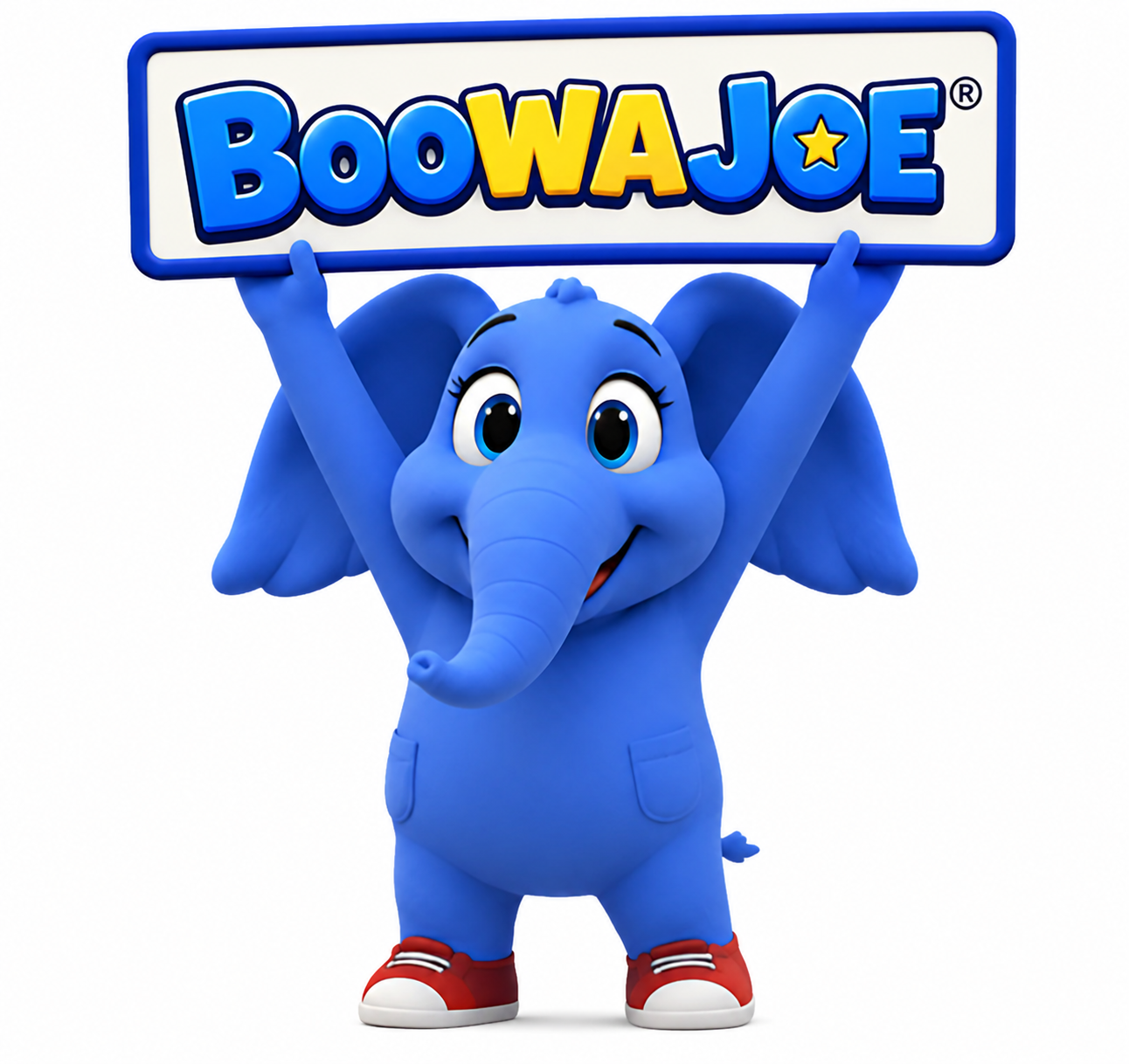 BOOWAJOE® blue elephant mascot holding sign